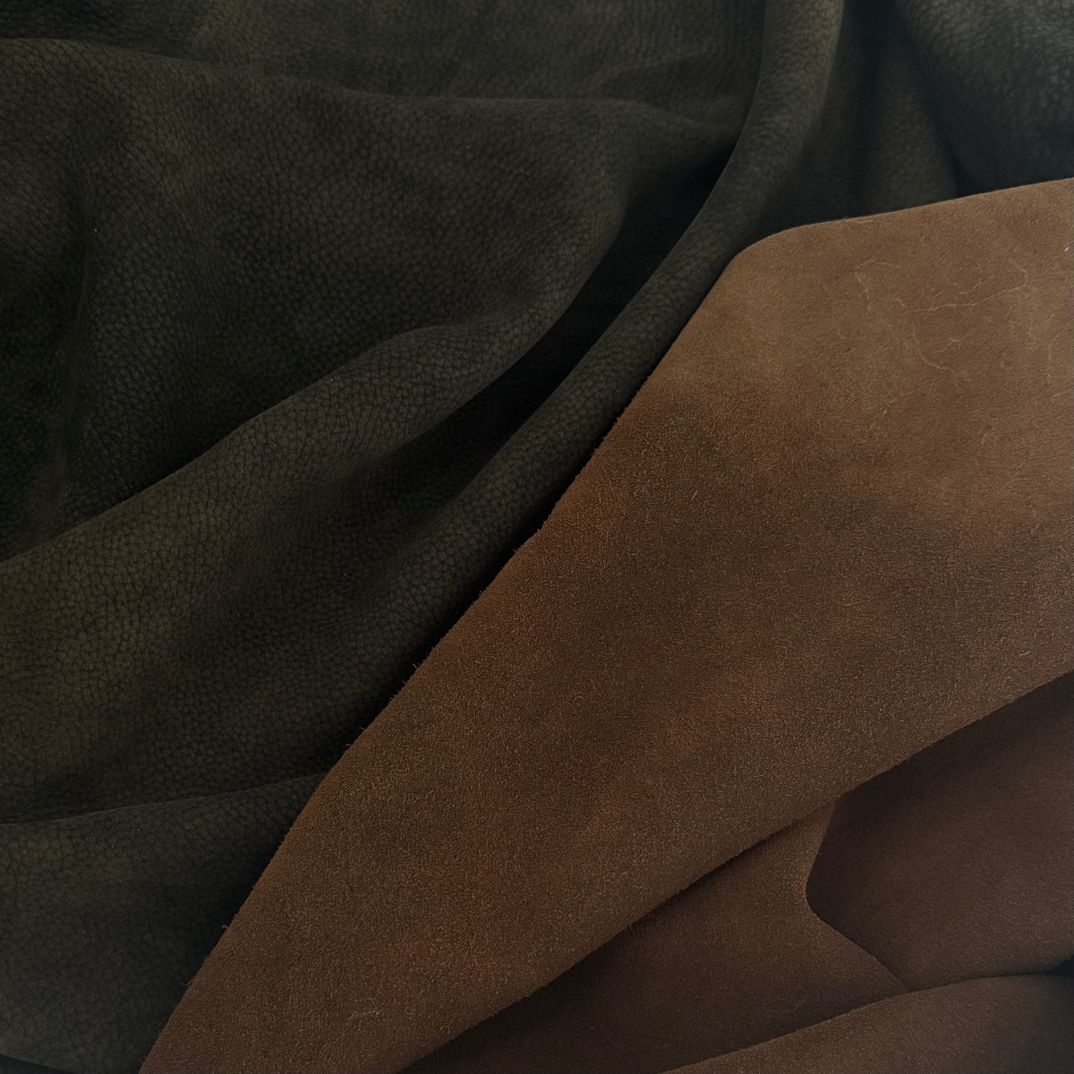 Nubuck Cairo Cow with a Weathered Finish in Forest Green & Whiskey Suede Side