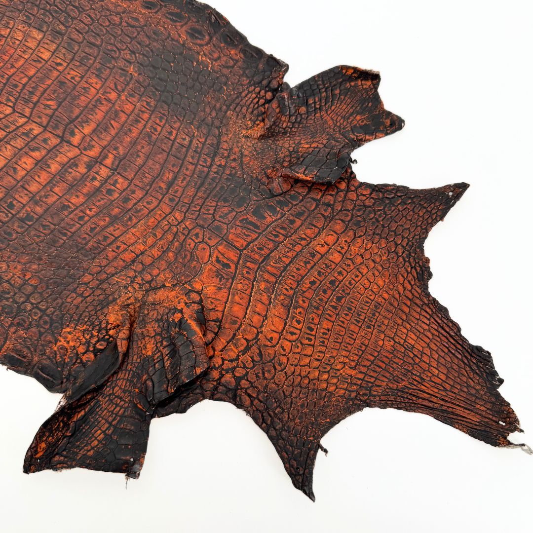 ジャンフランコフェラーリ　Genuine Crocodile Skin Hand-Painted Nile Crocodile Leather – Black & Dusk Orange Exotic