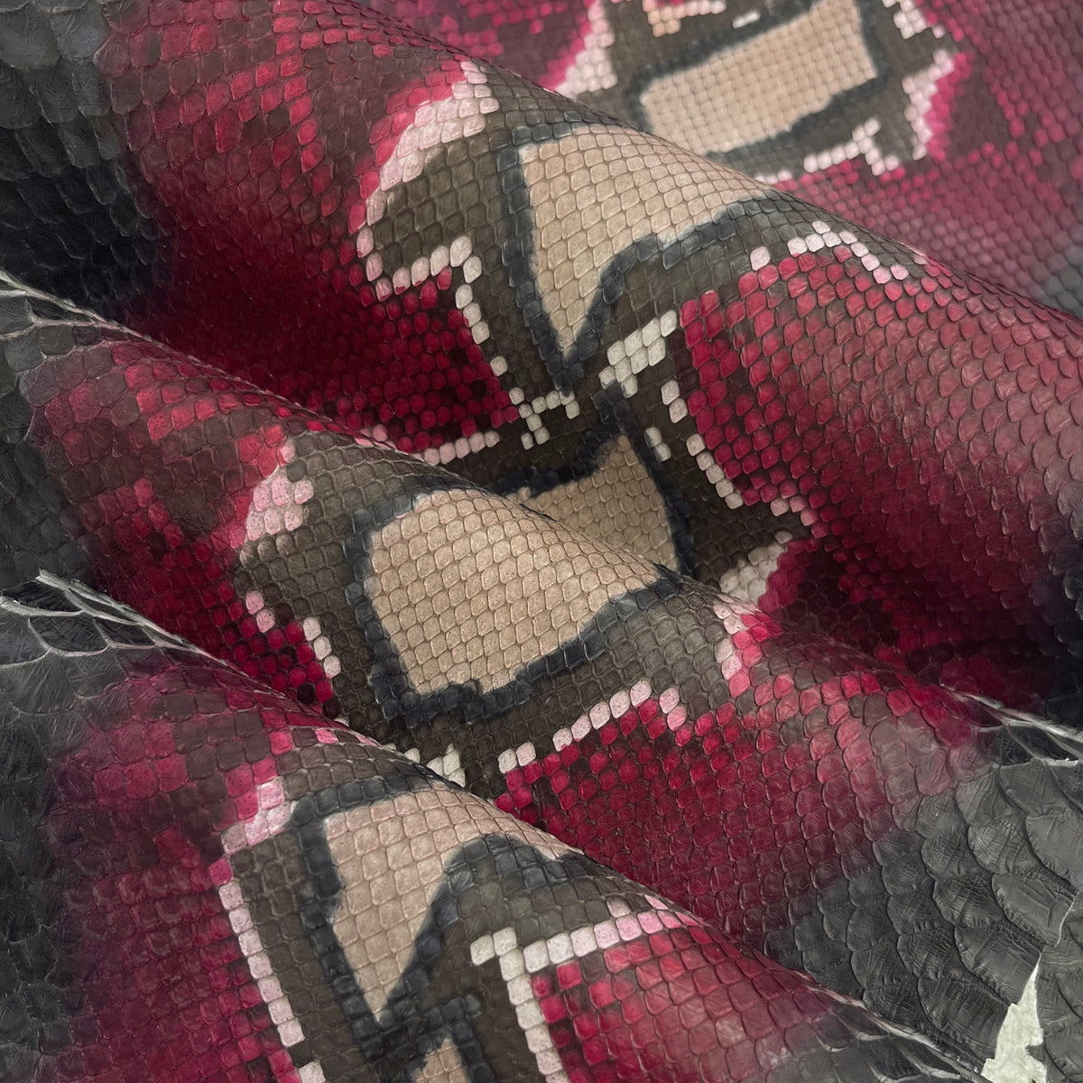 Matte Diamond Python Leather – Red, Taupe & Black | Front Cut