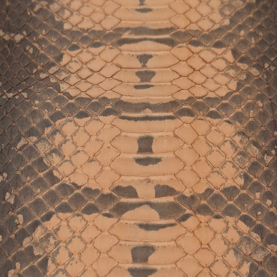 Lightweight and textured Elaphe snake skin in Canyon Mist color for wallet and bag design.