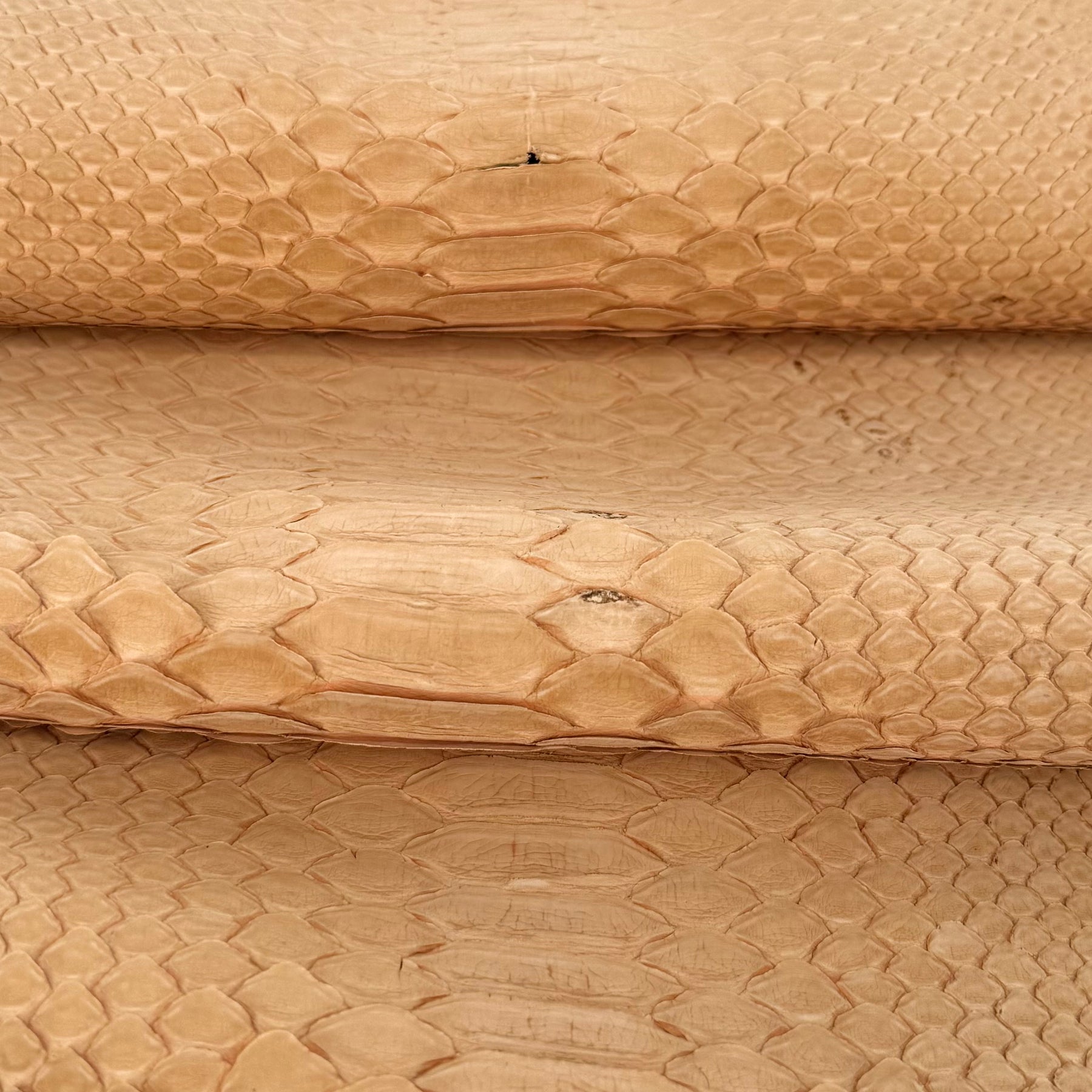 Close-up of Nubuck Python leather texture in dried peach, showing fine natural scale detail.